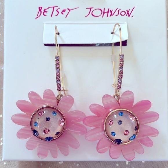 Brand New Betsy Johnson Pink Flower Rhinestone Studded Gold Tone Drop Earrings - Picture 9 of 9